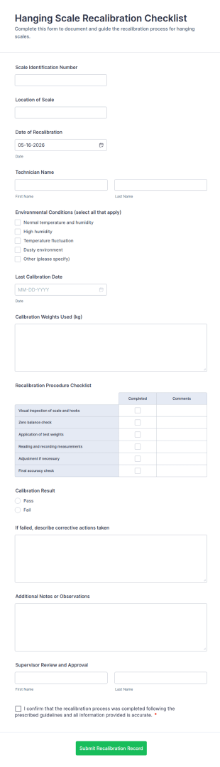 Hanging Scale Recalibration Checklist Form Template