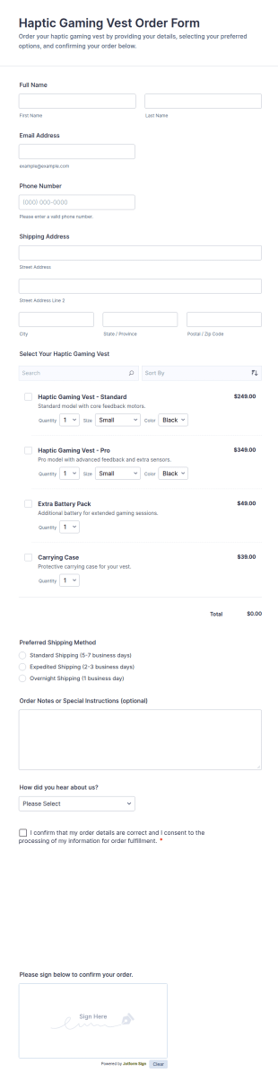Haptic Gaming Vest Order Form Template