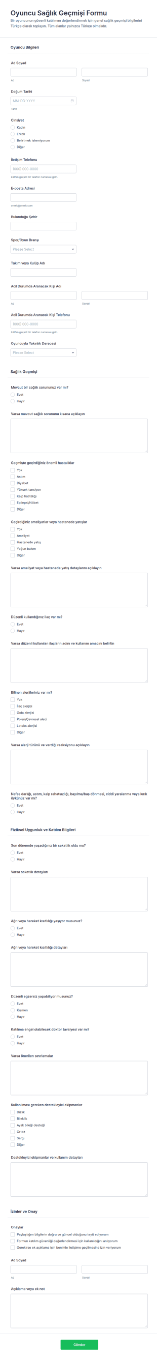 Hasta Tıbbi Geçmişi Form Şablonu