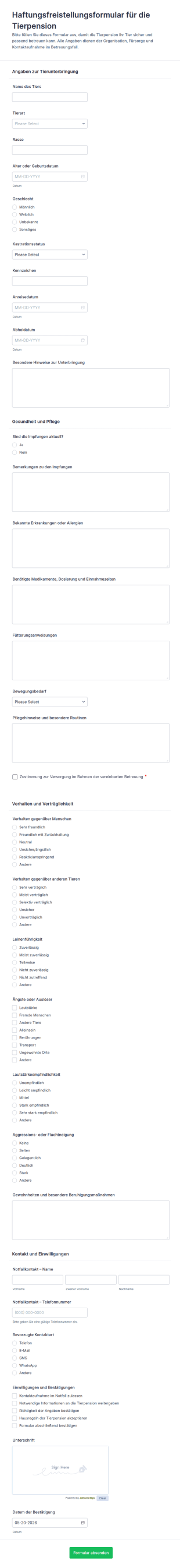 Haustier Unterbringungseinverständnis Und Haftungsausschluss Formular 🐾