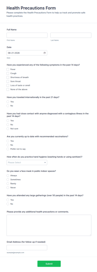Health Precautions Form Template