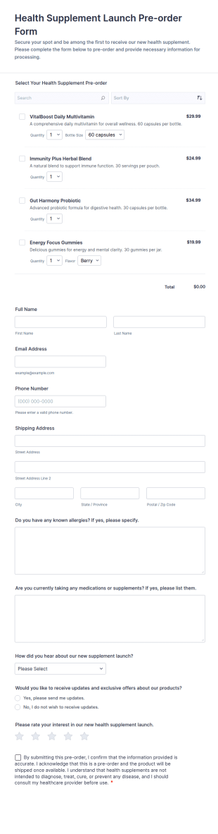 Health Supplement Launch Pre Order Form Template