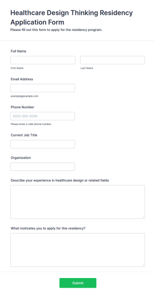Healthcare Design Thinking Residency Application Form Template