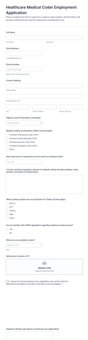 Healthcare Medical Coder Employment Application Form Template