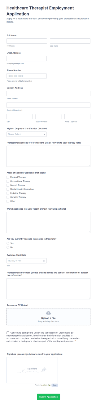 Healthcare Therapist Employment Application Form Template