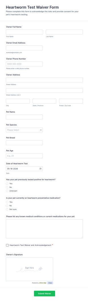 Heartworm Test Waiver Form Template