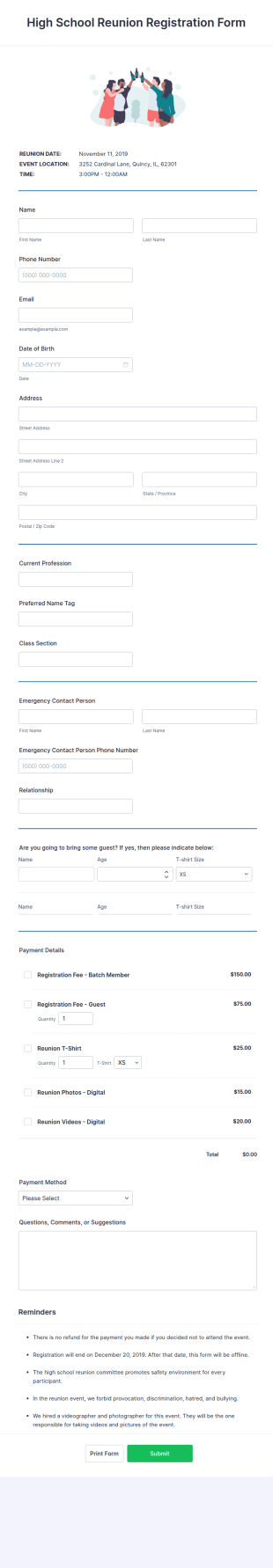 High School Reunion Registration Form Template