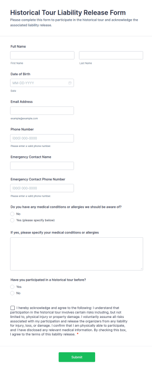 Historical Tour Liability Release Form Template