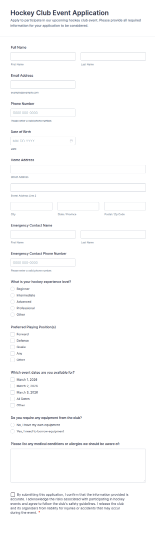 Hockey Club Event Application Form Template