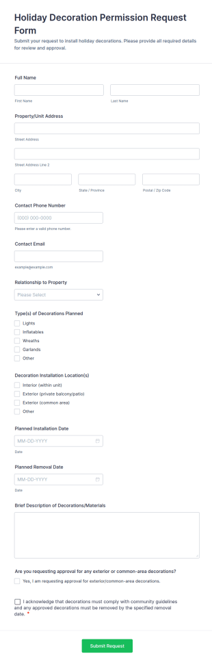 Holiday Decoration Permission Request Form Template