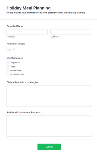 Holiday Meal Planning Form Template