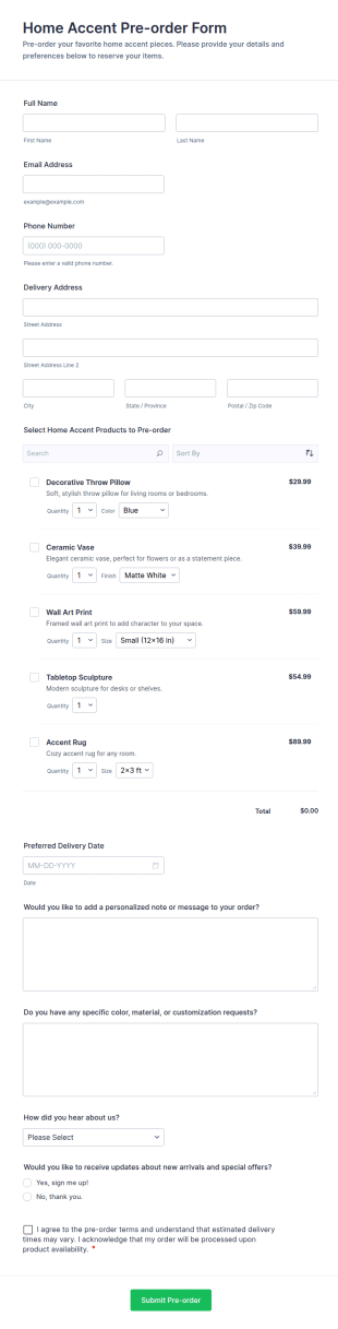 Home Accent Pre Order Form Template