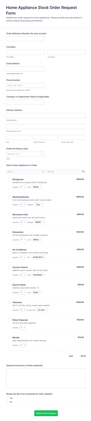 Home Appliance Stock Order Request Form Template