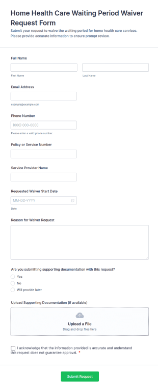 Home Health Care Waiting Period Waiver Request Form Template