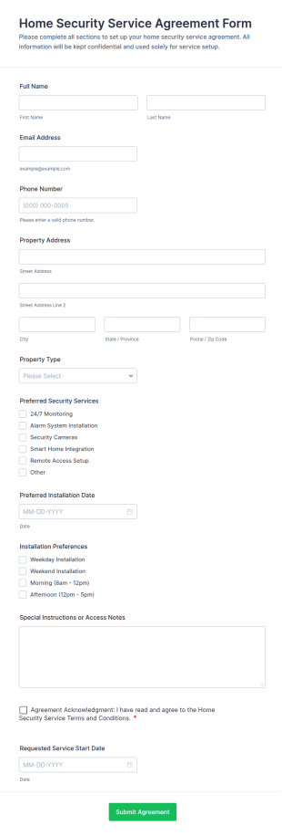 Home Security Service Agreement Form Template
