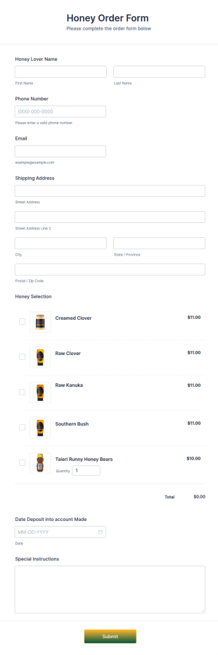 Honey Order Form  Form Template