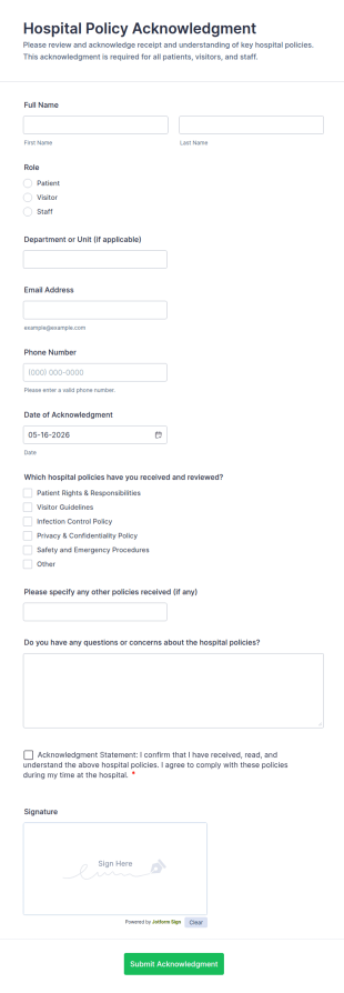 Hospital Policy Acknowledgment Form Template