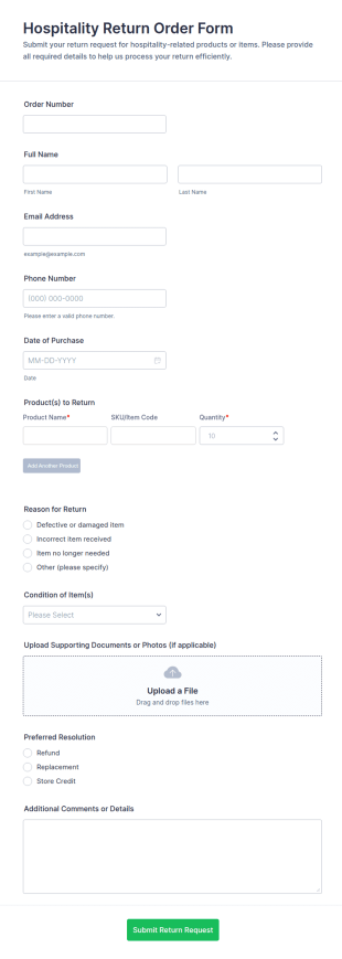Hospitality Return Order Form Template