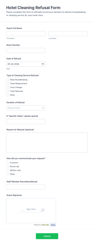 Hotel Cleaning Refusal Form Template