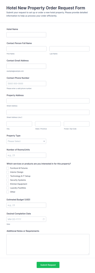 Hotel New Property Order Request Form Template