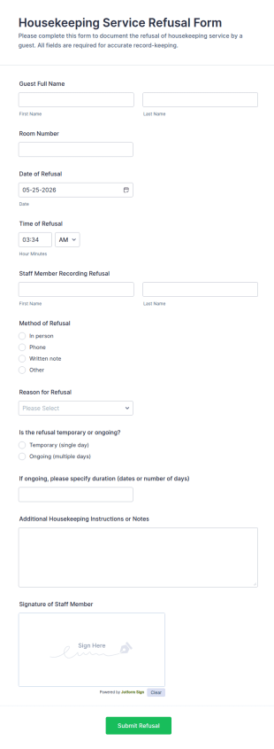 Housekeeping Service Refusal Form Template
