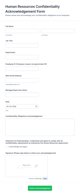 Human Resources Confidentiality Acknowledgement Form Template