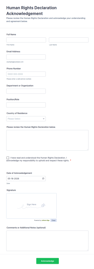 Human Rights Declaration Acknowledgement Form Template