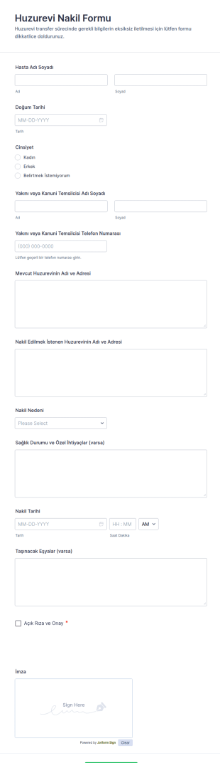 Huzurevi Nakil Form Şablonu