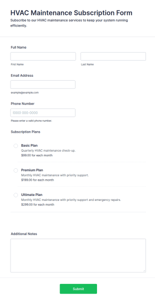 HVAC Maintenance Subscription Form Template