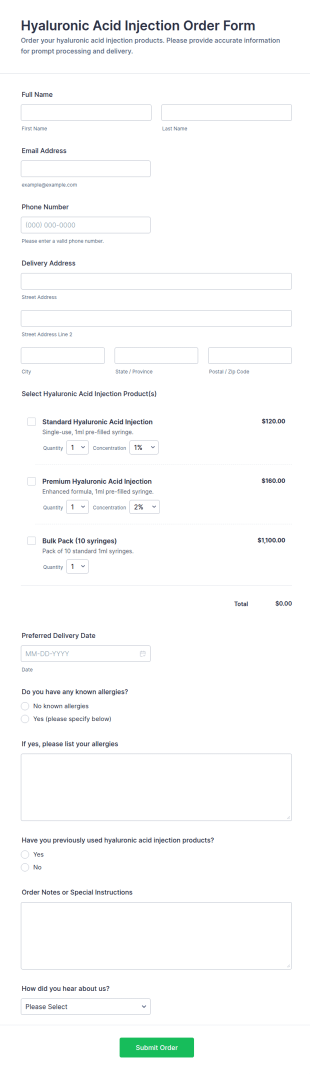 Hyaluronic Acid Injection Order Form Template