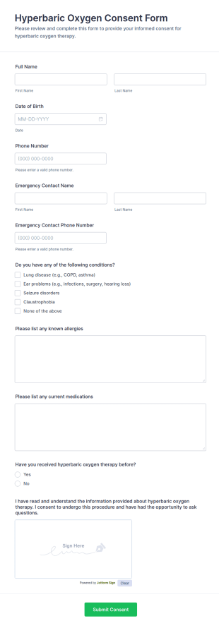 Hyperbaric Oxygen Consent Form Template