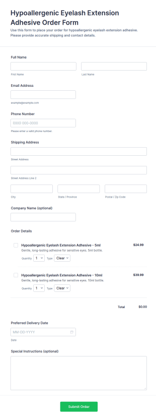 Hypoallergenic Eyelash Extension Adhesive Order Form Template
