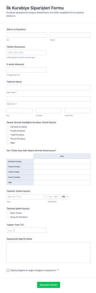 İlk Kurabiye Siparişleri Form Şablonu