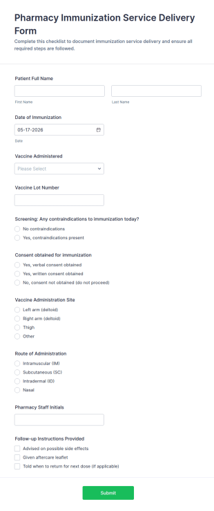 Immunization Service Delivery Checklist Form Template