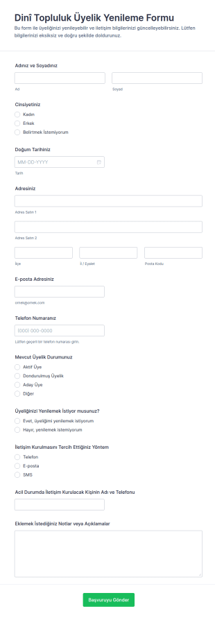 İnanç Topluluğu Üyelik Yenileme Form Şablonu