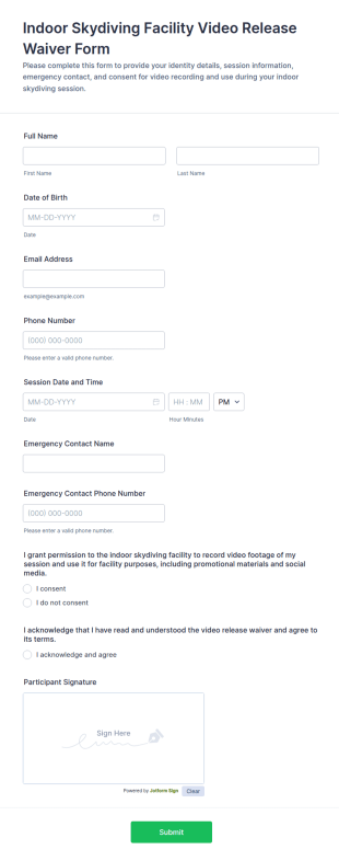 Indoor Skydiving Facility Video Release Waiver Form Template