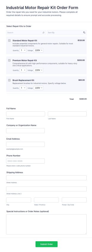 Industrial Motor Repair Kit Order Form Template