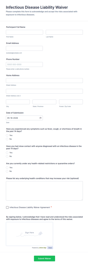 Infectious Disease Liability Waiver Form Template