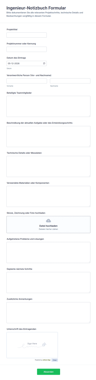 Ingenieur Notizbuch Formular