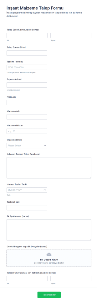 İnşaat Malzeme Talep Form Şablonu