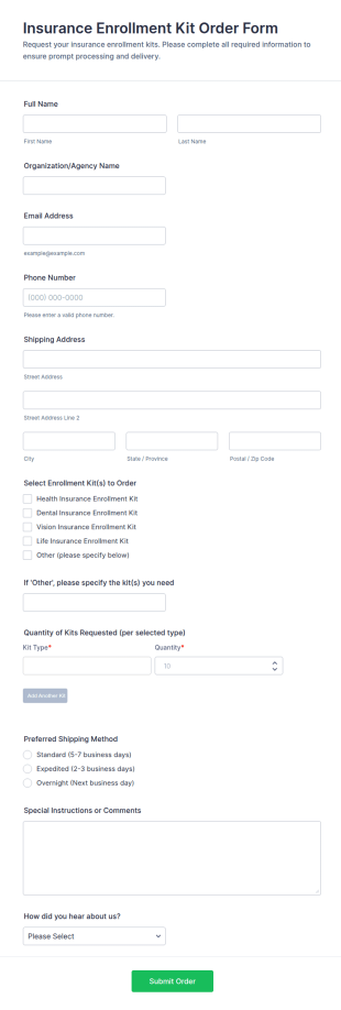 Insurance Enrollment Kit Order Form Template