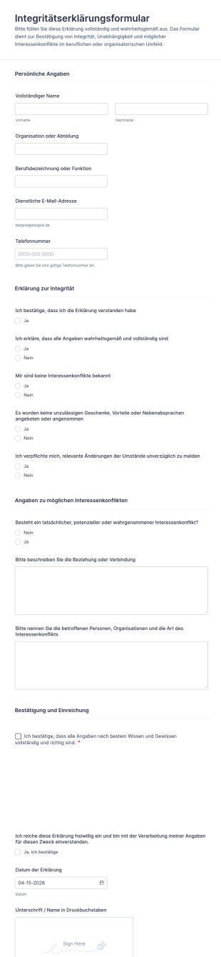 Integritäts­erklärung Formular
