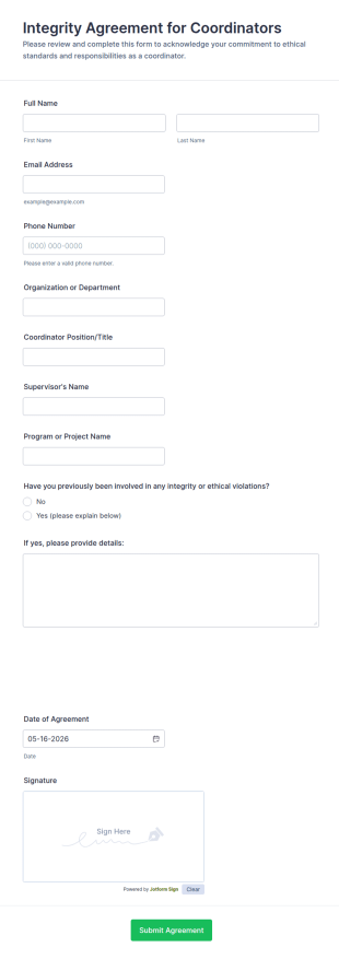 Integrity Agreement For Coordinators Form Template