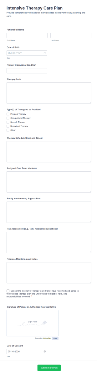 Intensive Therapy Care Plan Form Template