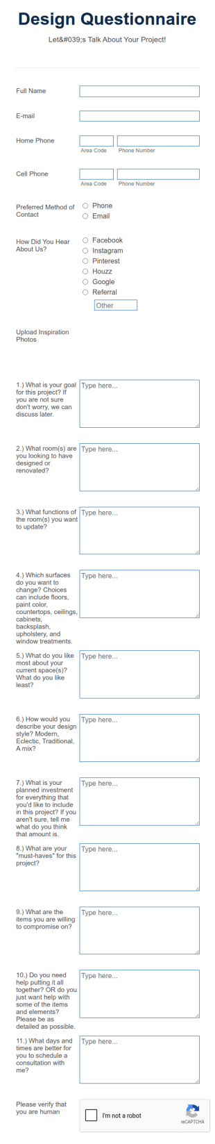 Interior Design Questionnaire Form Template