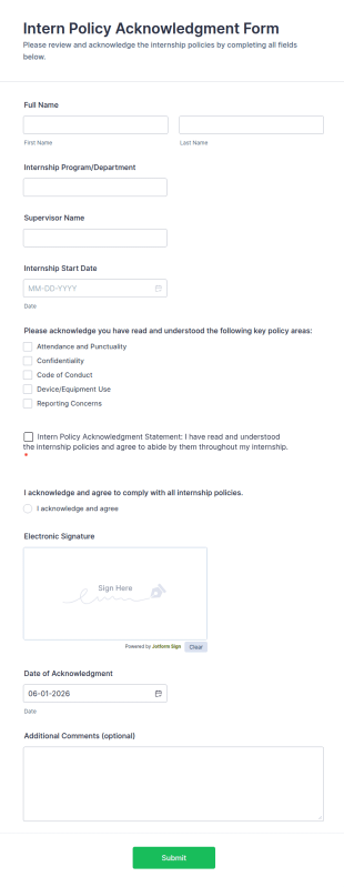 Intern Policy Acknowledgment Form Template
