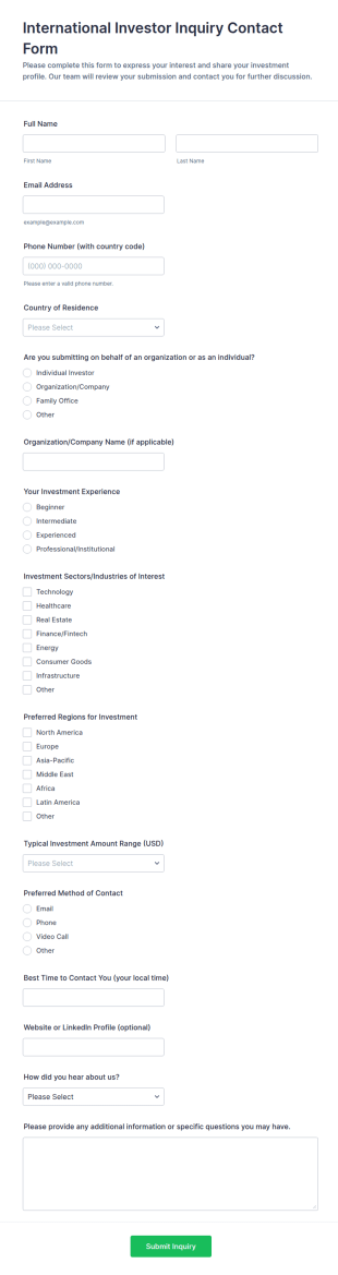 International Investor Inquiry Contact Form Template