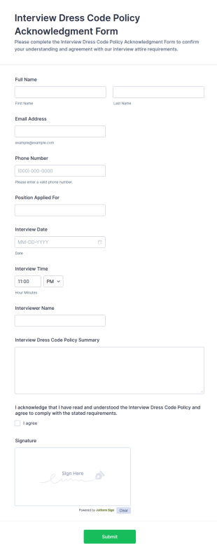 Interview Dress Code Policy Acknowledgment Form Template