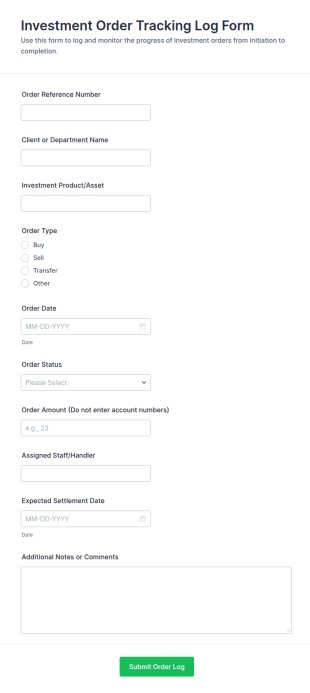Investment Order Tracking Log Form Template