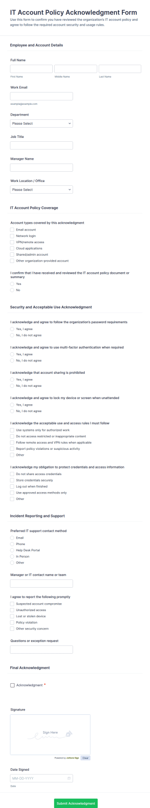 IT Account Policy Acknowledgment Form Template